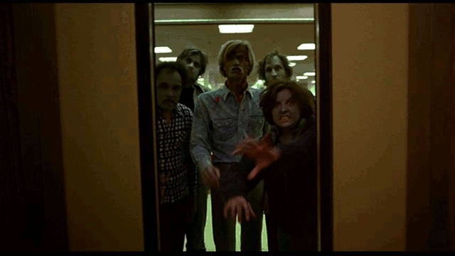 The elevator scene in Romero's "Dawn of the Dead" shows some of the film's poor cosmetic design. 